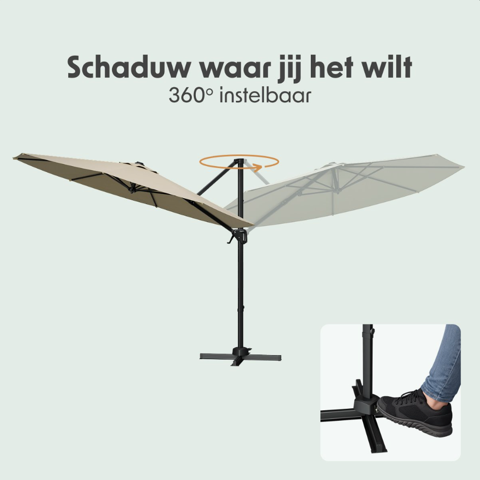 LifeGoods Parasol flottant Ø300 cm - Rotation 360° - 6 pieds - Housse incluse - Taupe