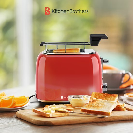Grille pain - KitchenBrothers - Toaster - 6 niveaux de chaleur - Fentes larges - 870W - Rouge
