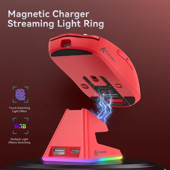 ATTACK SHARK X6 Wireless Gaming Mouse - RGB Charging Dock - Wired/2.4G/BT5.4 - Lightweight 56G - PAW3395 - 26000DPI - Rouge