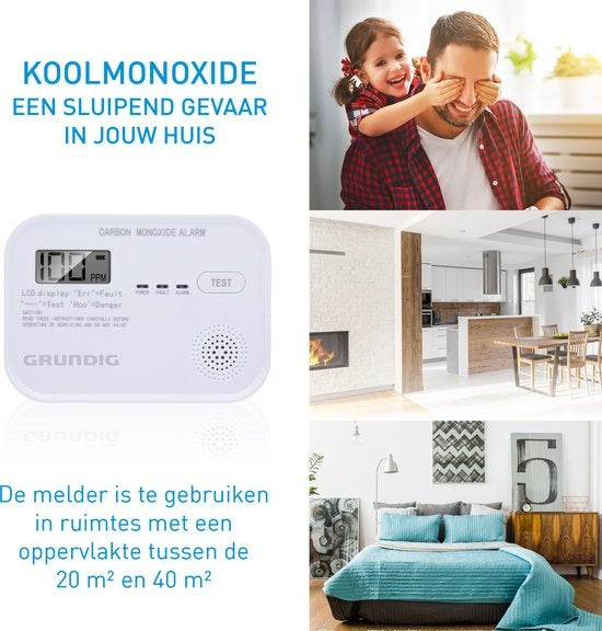 Détecteur de CO Grundig - Détecteur de monoxyde de carbone très sensible - Écran LCD - Capteur 10 ans - Blanc