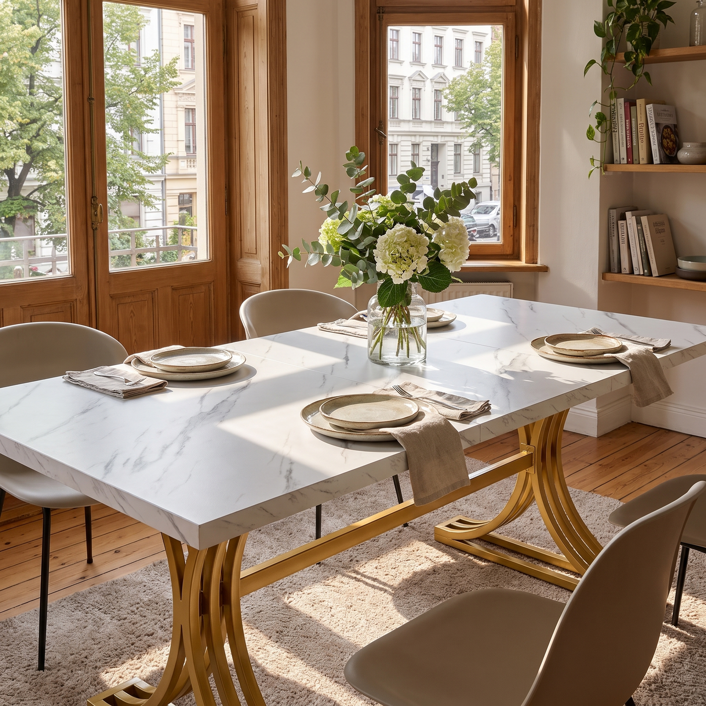 Table de réunion Lantine 160 x 80 cm - Pour 4 à 6 personnes - Marbre synthétique blanc et doré - Pieds métalliques modernes