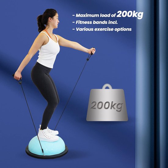 Ballon d'équilibre DH FitLife, accessoire d'équilibre pour le yoga, diamètre de 60 x 22 cm, charge maximale de 200 kg, demi-ballon de gymnastique, planche d'équilibre de fitness, planche d'équilibre avec pompe et 2 bandes de fitness