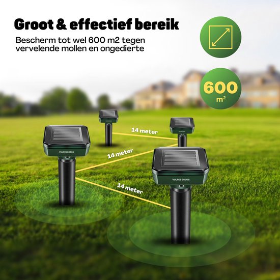 Vulpes Goods® Repellent - Mole Repellent - 4 pieces - Répulsif pour souris - Répulsif pour taupes - Fonctionne à l'énergie solaire - Résistant à l'eau - Respectueux des animaux - Un jardin, une pelouse ou un terrain propre !