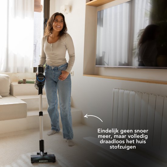 Techweise TV1 Aspirateur à manche sans fil - Autonomie 90 minutes - Extrêmement puissant - Avec 3 accessoires - Dépoussiéreur - Aspirateur sans sac