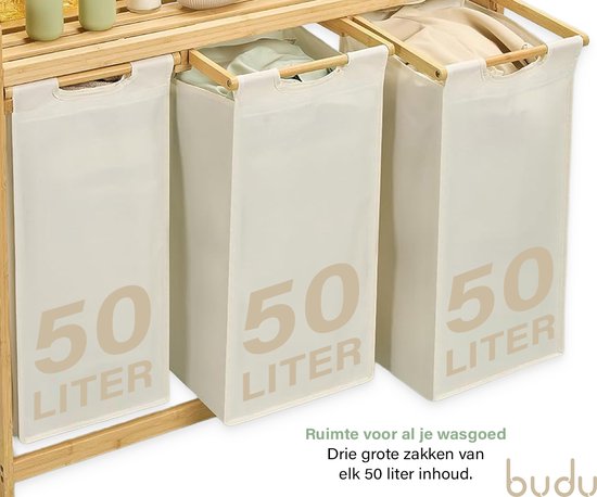 Panier à linge Budu à 3 compartiments - Trieur de linge - Paniers à linge en bambou - 150 L