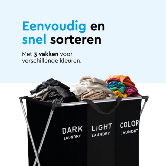 BRASQ Panier à linge pliable 3 compartiments - Trieur de linge 65x39x60 cm - Boîte à linge noire - 118 litres - Panier