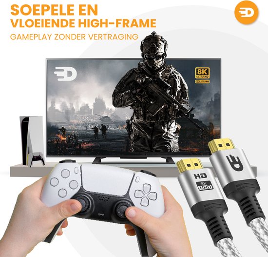 Câble HDMI 2.1 - Ultra HD High Speed - HDMI vers HDMI - Convient à Xbox Series X & PS5 - 1 mètre - Nylon - Blanc argenté