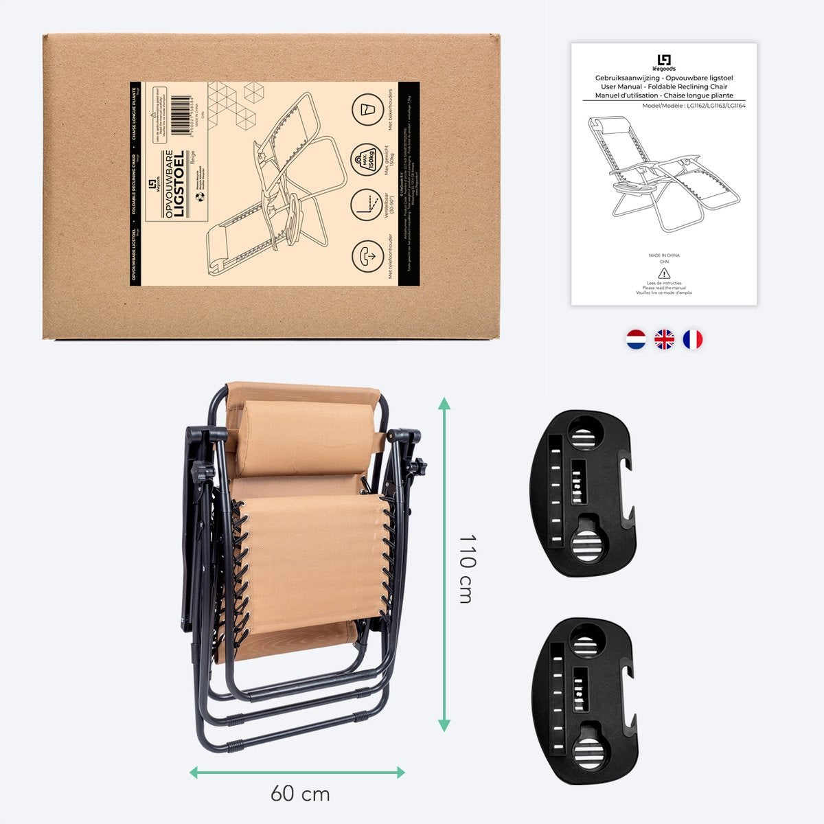 LifeGoods Chaises de jardin pliables - 30°-90° réglables - Métal - Beige