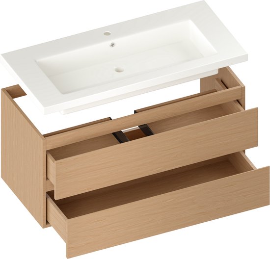Meuble de salle de bains Mirlux en chêne clair 100 cm - Lavabo blanc - Ensemble de meubles de salle de bains - Meuble-lavabo en chêne clair