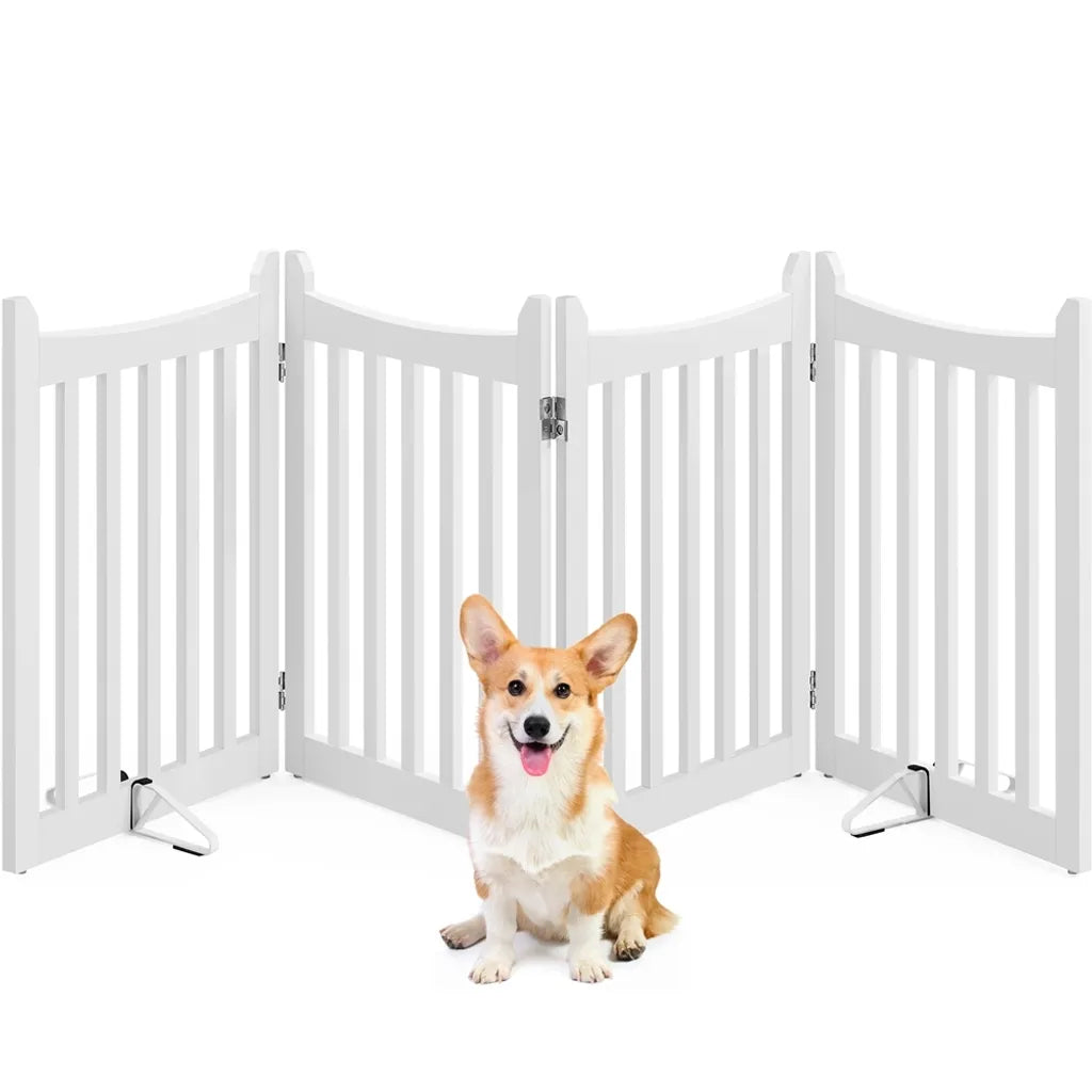 Barrière pliable pour chiens Yaheetech 204,5 x 60,5 cm - Blanche - Barrière de sécurité en bois à 4 panneaux