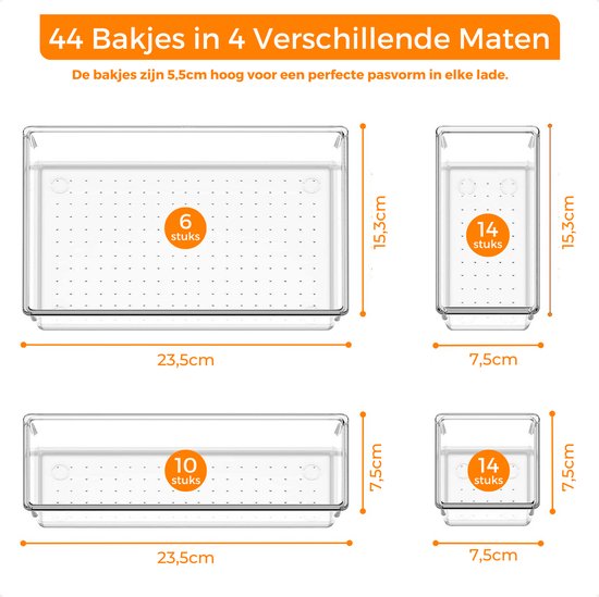 Posity Organisateur de tiroirs - 44 pièces - Plateaux d'organisation - Plateaux de tiroirs - Plateaux de stockage - Organisateur de maquillage - Pour la cuisine, la salle de bain et le bureau - Plastique - Transparent