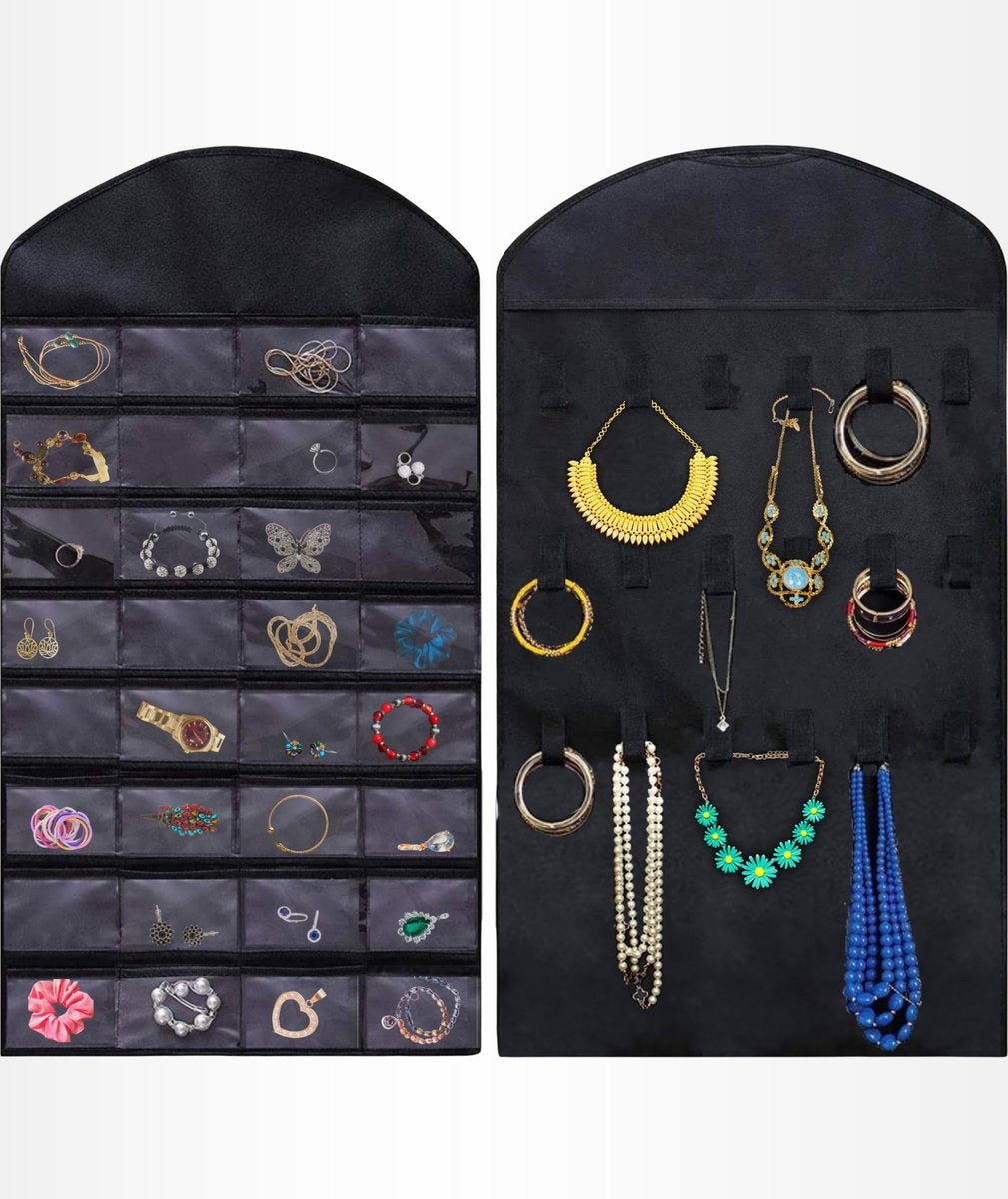Aerend - Organiseur de bijoux - Porte-bijoux double face suspendu et transparent - Accessoires de rangement - Sac de rangement au-dessus de la porte en noir - Pour colliers, boucles d'oreilles, lunettes de soleil, bagues, Maquillage