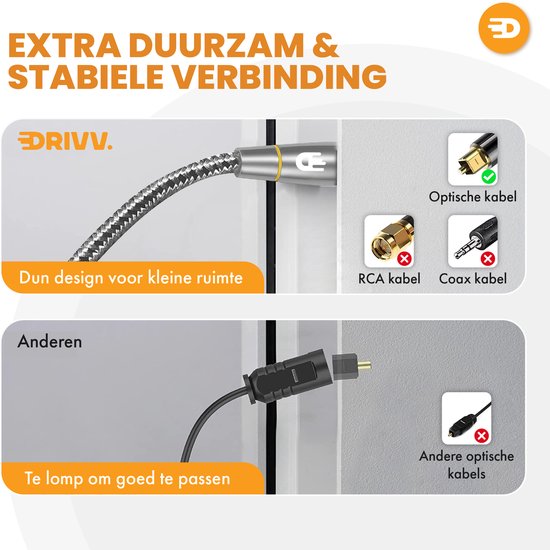 Drivv. Câble optique Toslink Premium en nylon - Câble audio optique - Câble audio optique - Barre de son - Mâle-mâle - 1 mètre - Gris