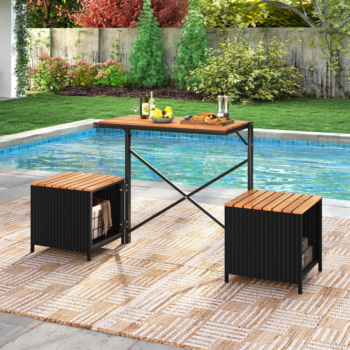 Coast : banc de jardin et table de pique-nique 2-en-1 - meuble de balcon modulable - avec espace de rangement - noir/naturel