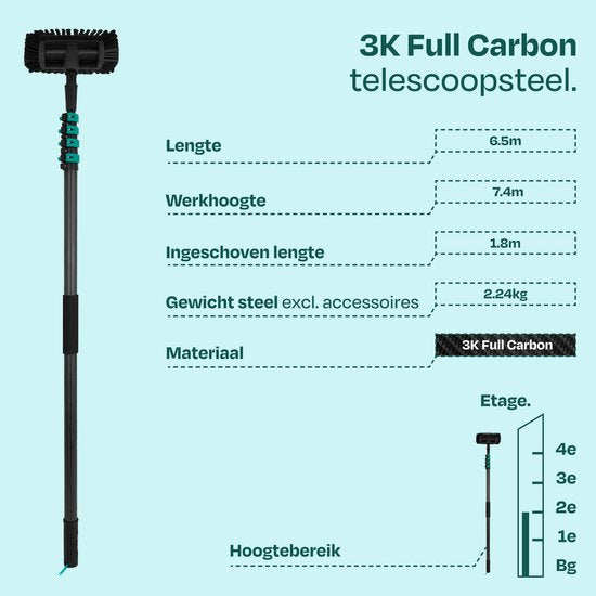 Brosse de lavage télescopique VONROC PRO 3K entièrement en carbone – 6,5 m – Avec tête de brosse à 5 pans, tuyau d'arrosage de 9 m et distributeur de savon