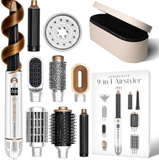 Sansbeauté® 9-in-1 Airstyler with Diffuser and Storage Box - Multistyler - Hair dryer brush short hair - Hair curler - Hair styler - Hair dryer - Heat brush - Curling brush - Curling iron - Hair straightener - Styling brush - 5 in 1 Hairstyler