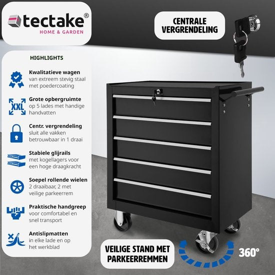 tectake® - Gereedschapswagen met 5 lades - zwart- 402797