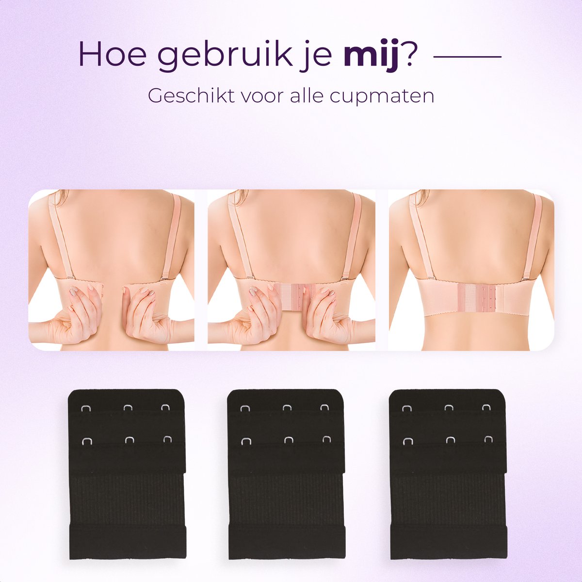 Rallonge pour soutien-gorge, 3 agrafes, lot de 3, élastique, noir