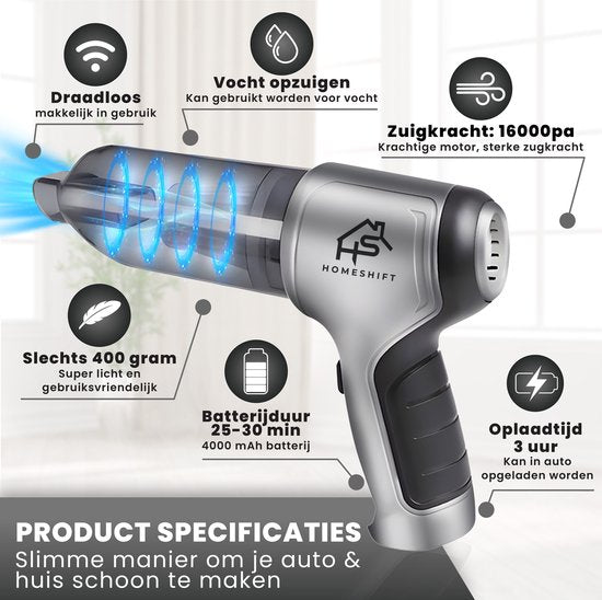 HomeShift® Aspirateur de voiture sans fil V2 PRO - Aspirateur à main - Petit aspirateur - Aspirateur sans fil - Dépoussiéreur - Wet & Dry - Métallique