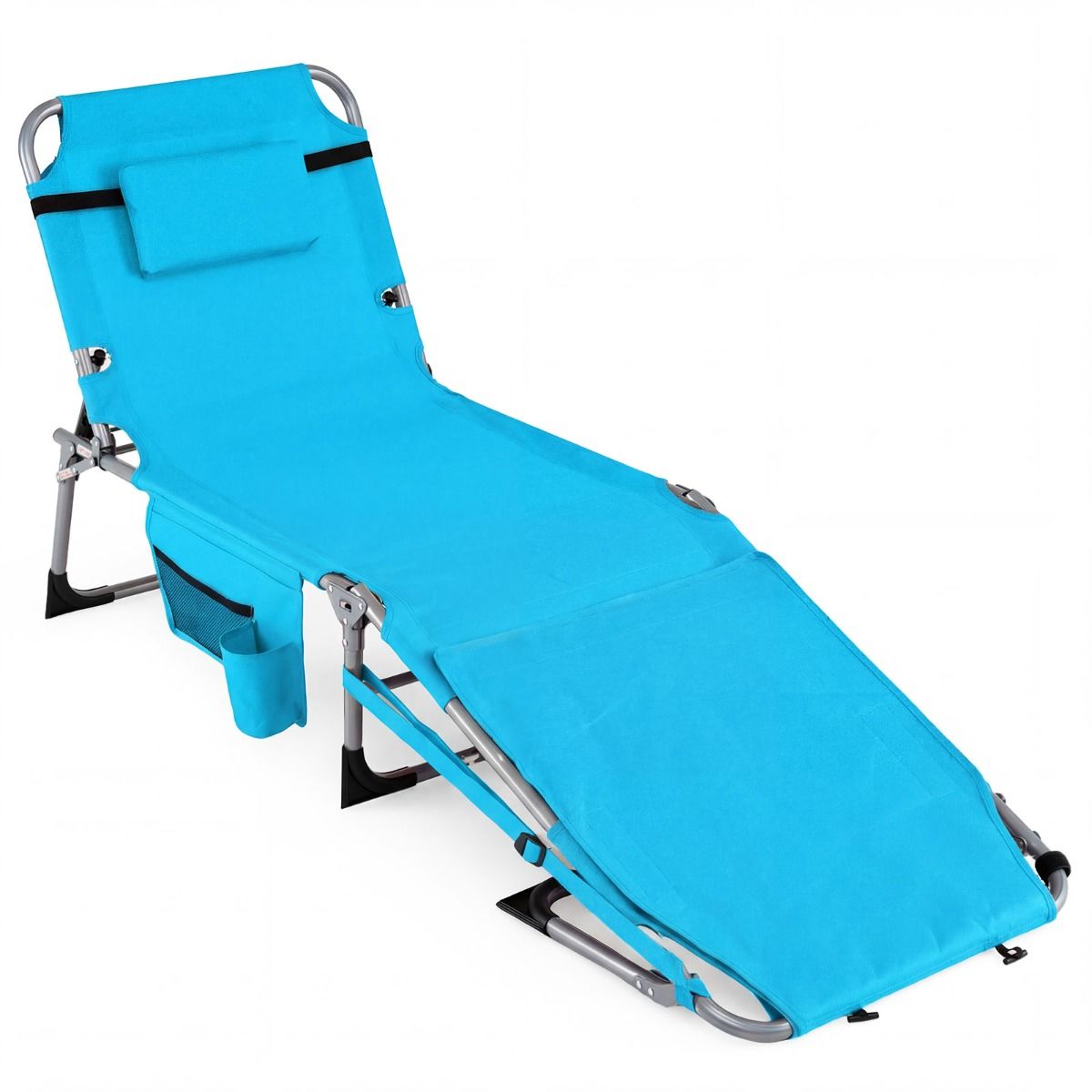 Chaise longue de jardin pliable - Turquoise - 4 positions d'inclinaison - Repose-pieds réglable - 150 kg - Avec porte-gobelet