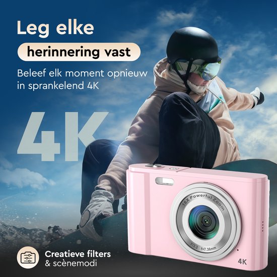 K&L Digital Camera 4K - 64MP - Caméra - Caméra compacte - Caméra Vlog - Pour les enfants - Comprend 64GB - NL Software