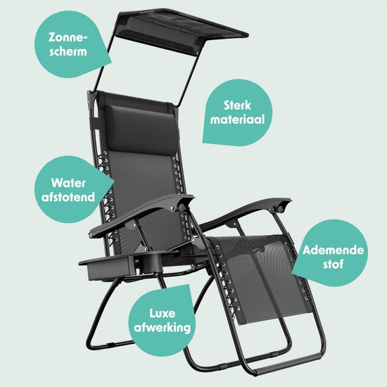 LifeGoods Chaise de jardin pliable - parasol réglable - chaise longue de jardin - 30°-90° réglable - métal - noir
