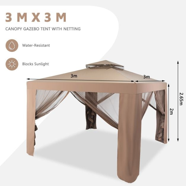 Tonnelle de jardin pliante Coast avec 4 parois latérales - 300x300x265cm - Marron