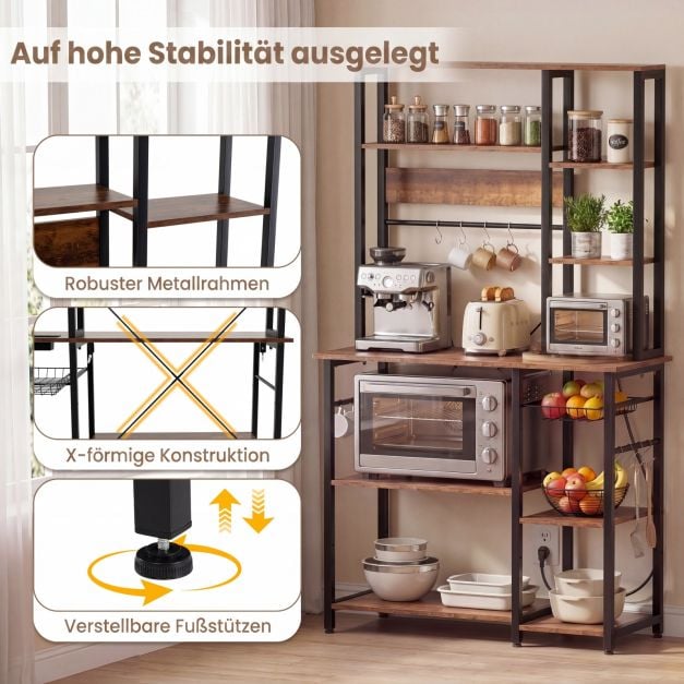 Étagère de cuisine Coast à 6 niveaux avec prise électrique - Étagère pour micro-ondes avec panier métallique coulissant, 12 crochets et port USB, 99 × 40 × 170 cm - Marron rustique/Noir
