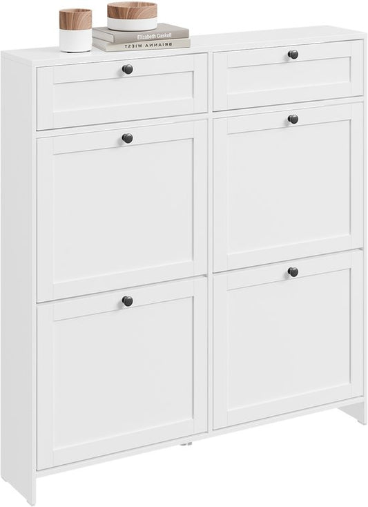 Armoire à chaussures SoBuy pour entrée, armoire à chaussures avec 2 tiroirs et 4 portes rabattables, rangement pratique pour 12 paires de chaussures, blanche, MDF E1, idéale pour les petits espaces - FSR208-W