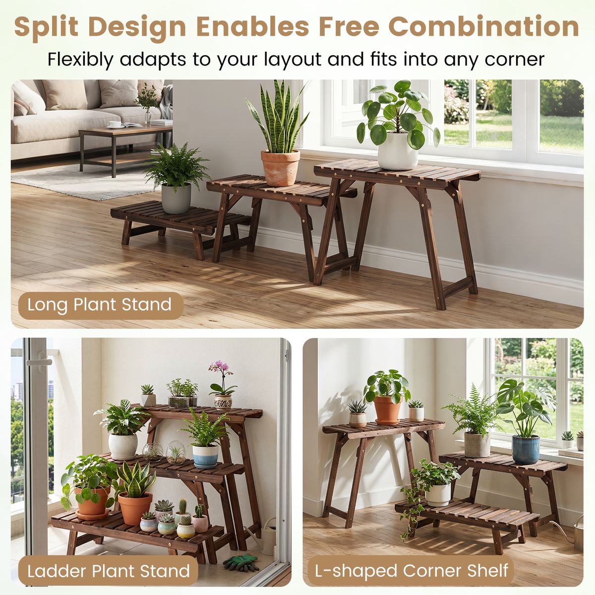 Ensemble de 3 supports pour plantes Coast - 3 niveaux - bois de pin carbonisé - marron
