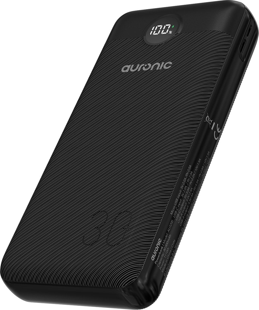 Batterie externe - Auronic - 30 000 mAh - 4 ports de charge - Charge rapide - USB/Micro-USB/USB-C - Noir