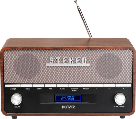 Denver DAB Radio - Retro Radio XL - DAB+/ FM Radio - Bluetooth - Dimmable - 100W - Batteries & secteur - DAB36 - Bois