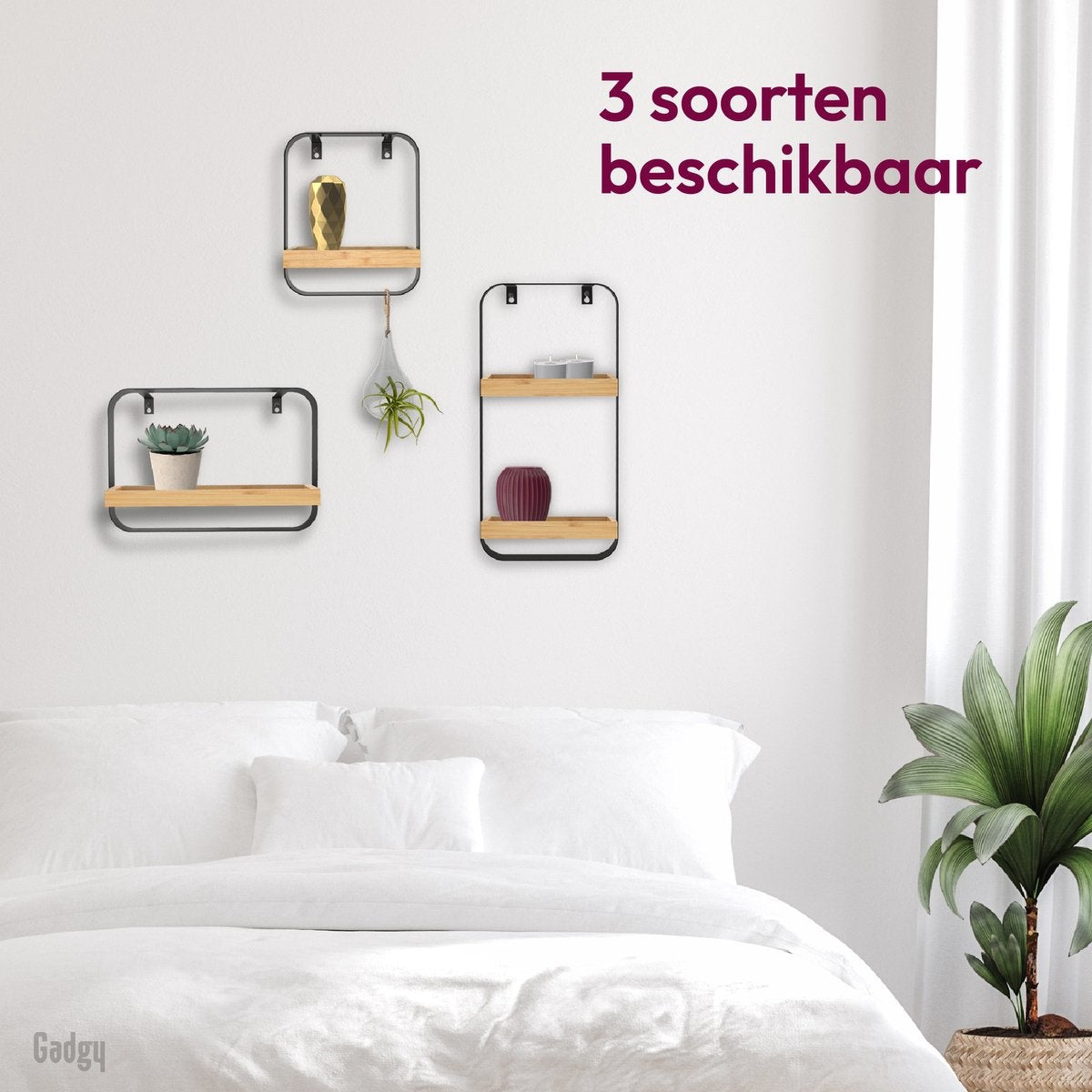Gadgy Wandplank Metaal Hout Zwart - Wandbox met 2 houten plankjes - Wandrek - Wanddecoratie Industrieel - Muurdecoratie - 50x24 cm