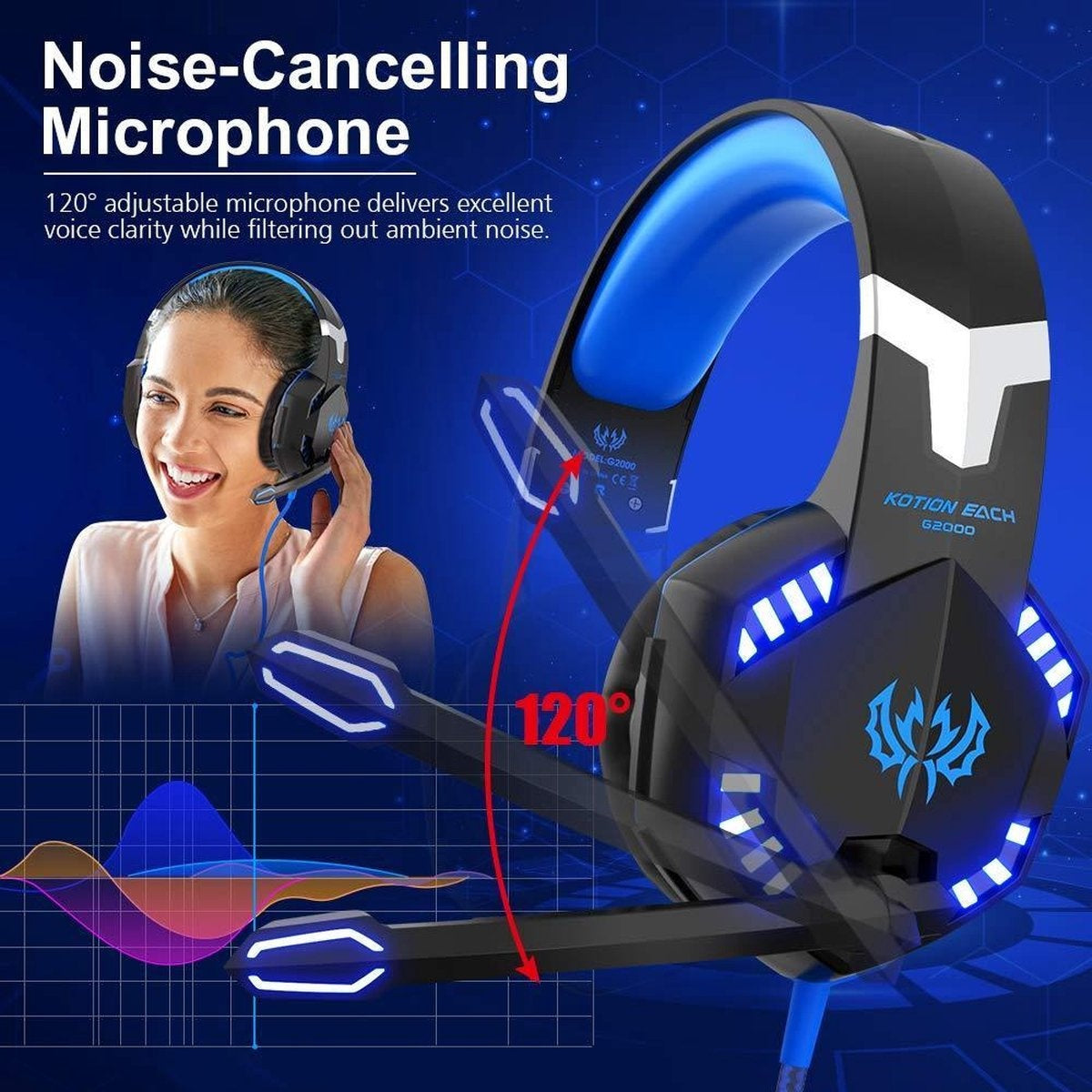 KOTION Casque de jeu EACH G2000 - Noir/Bleu - Convient pour PS5, Xbox Series X, Windows et Switch