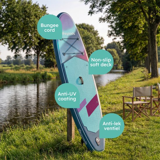 LifeGoods SUP Board All-round Compact - avec siège - capacité de charge de 100 KG - 300 x 76 cm - gonflable - ensemble complet de SUP - bleu/violet