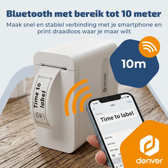 Imprimante d'étiquettes Denver - Bluetooth - Connexion à un smartphone - 15 x 40 mm - 4 rouleaux d'étiquettes inclus - MBP16