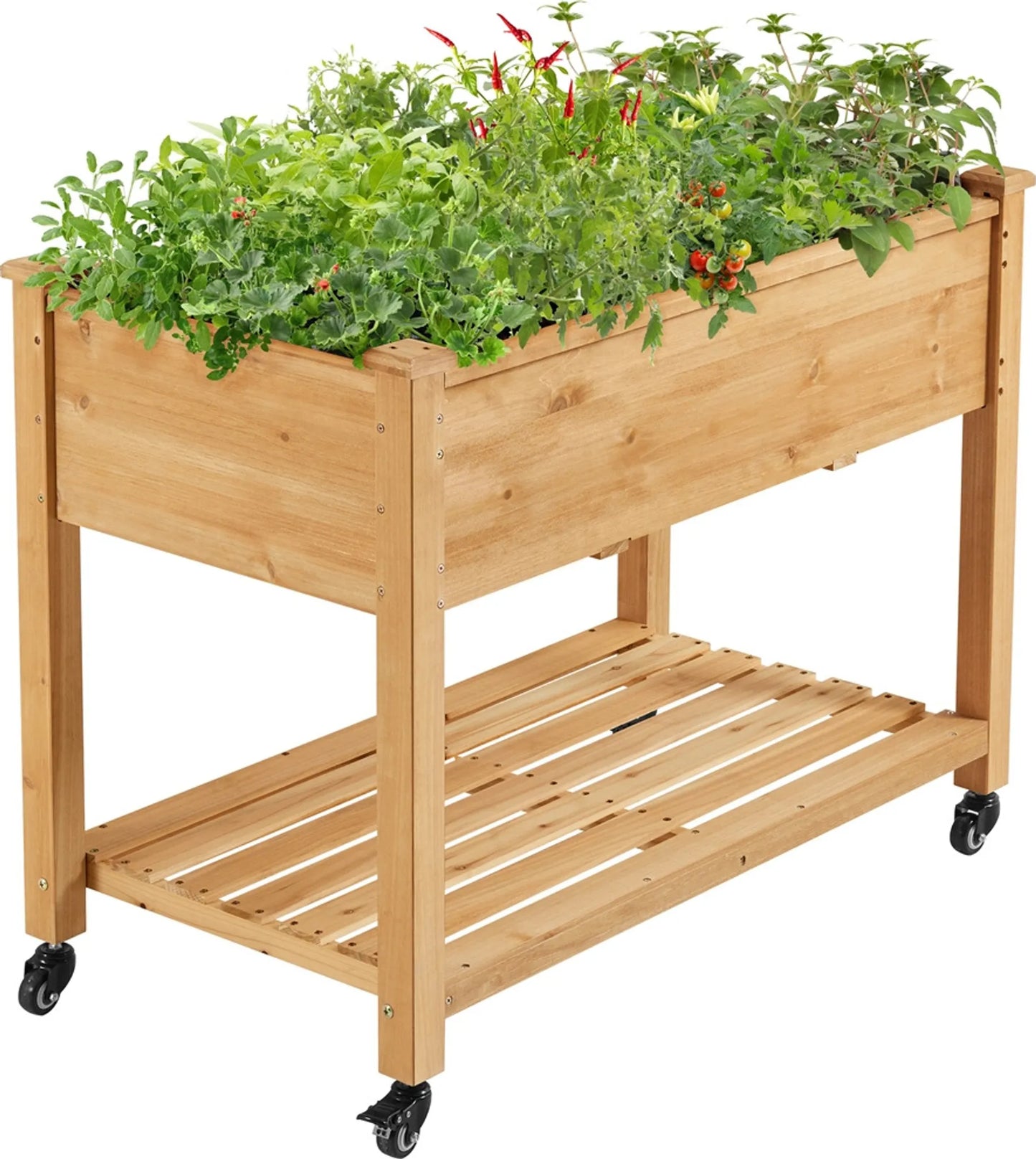 Yaheetech Jardinière surélevée sur roues - avec 4 trous de drainage, boîte de rangement et roulettes à 360° - pour balcon et terrasse - épicéa brun clair - 105,5 x 56,5 x 83,5 cm