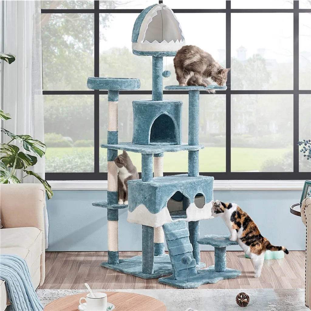 Arbre à chat Yaheetech « Océan » 93 x 55 x 184 cm - Bleu/Blanc - Arbre à chat avec maisonnettes et poteaux en sisal