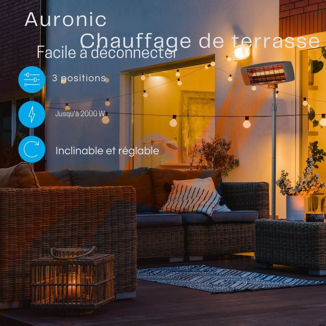 Chauffage de terrasse - Auronic - Électrique - 2000W - Télécommande incluse - 3 niveaux - Noir