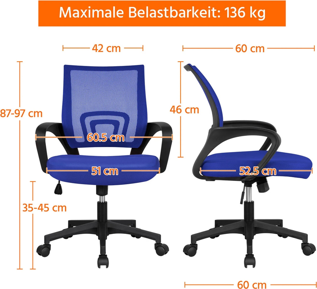 Chaise de bureau ergonomique Yaheetech - équipée d'un tissu en maille respirant, d'une fonction de basculement et d'un siège large - pour le bureau et l'étude - Nylon bleu et acier - 60,5 x 60 x 87-97 cm