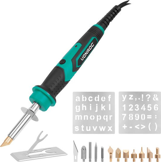 VONROC Brûleur à bois - Fer à souder - 30W - Set de pyrogravure - 8 pointes à brûler - 3 pointes à souder - 2 pochoirs pour chiffres et nombres