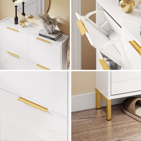 SoBuy FSR206-GW Shoe Cabinet Entrance - Ultrathin 19 cm - High Gloss White and Gold - Pour hall d'entrée, couloir, petit espace, avec protection contre l'inclinaison et protection du sol - 100x19x88.5 cm
