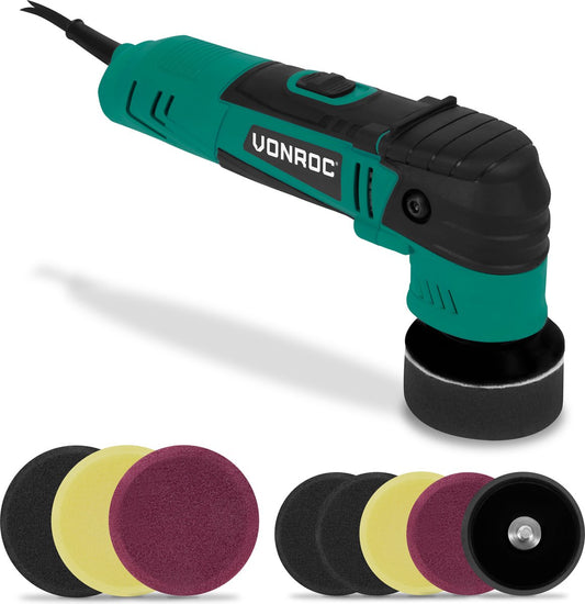 VONROC Polisseuse excentrique - 400W - Ø50/Ø75MM - Démarrage progressif et électronique à puissance constante - 8 disques de polissage et 2 disques d'appui inclus - Vert/Noir