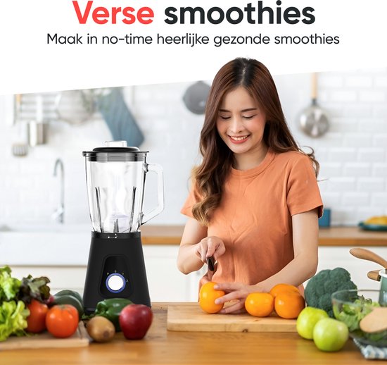 Blender - Kitchenwell - Puissant mixeur à smoothie de 1300 watts - 1,5 litre - gobelet en verre - Gobelet de sport inclus - acier inoxydable - Noir