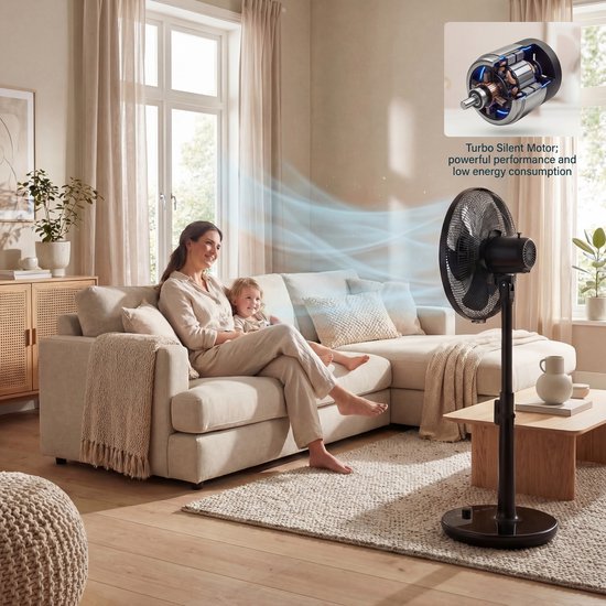 Ventilateur sur pied Princess DC - Ultra silencieux - ⌀40 cm - 24 vitesses - Réglable en hauteur – 4 modes de ventilation – Minuterie 1 à 24 heures – Oscillation à 90° – Avec télécommande - 354860