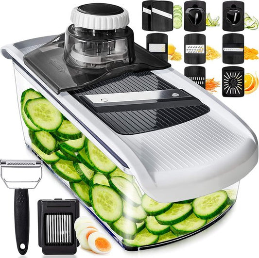Stosh Mandoline - Coupe-légumes - Coupe-oignons - Coupe-spirale - Râpe - Plastique - 11 pièces - Sans BPA