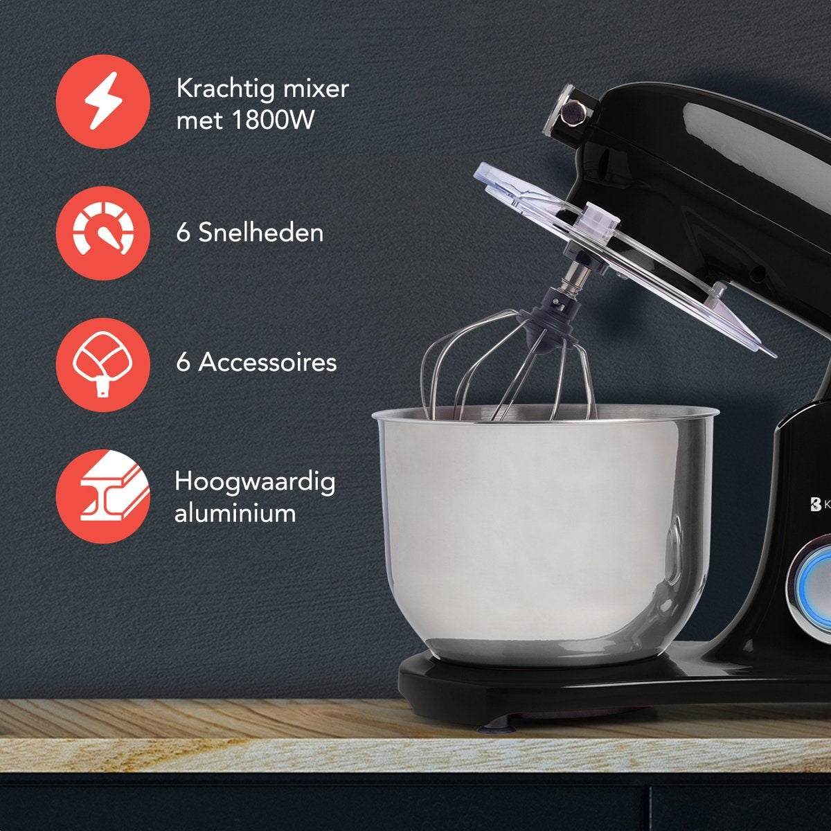 KitchenBrothers Food Processor - Batteur de cuisine avec bol en acier inoxydable de 6L - 1800W - Noir