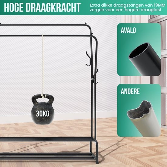 Avalo Industrial Clothes Rack Double Rod - Metal - 110x33x150 CM - Black - Storage For Shoes - Wardrobe Rack With Hooks
