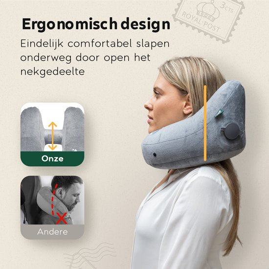 TRAVARA Oreiller gonflable pour la nuque - The Airsnoozer - Oreiller de voyage - Pour l'avion et la voiture - Avec bouchons d'oreille - Oreiller pour la nuque - Gris