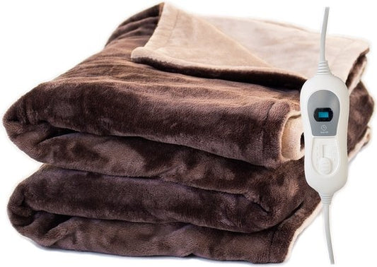 Couverture chauffante électrique en polaire - STAUS&BACH POWERNAP - 1/2 personne plaid/sherpa - Couverture câline 160x120 cm - Résiste au lave-linge - Couverture chauffante - 3 niveaux de chaleur - Marron